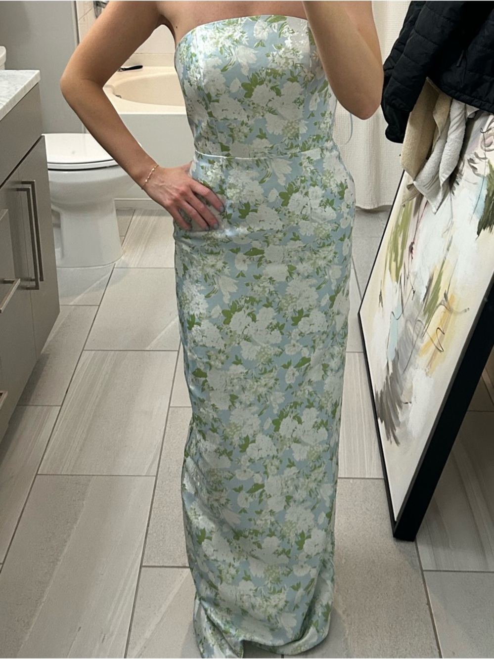 Strapless Green Floral Maxi Dress